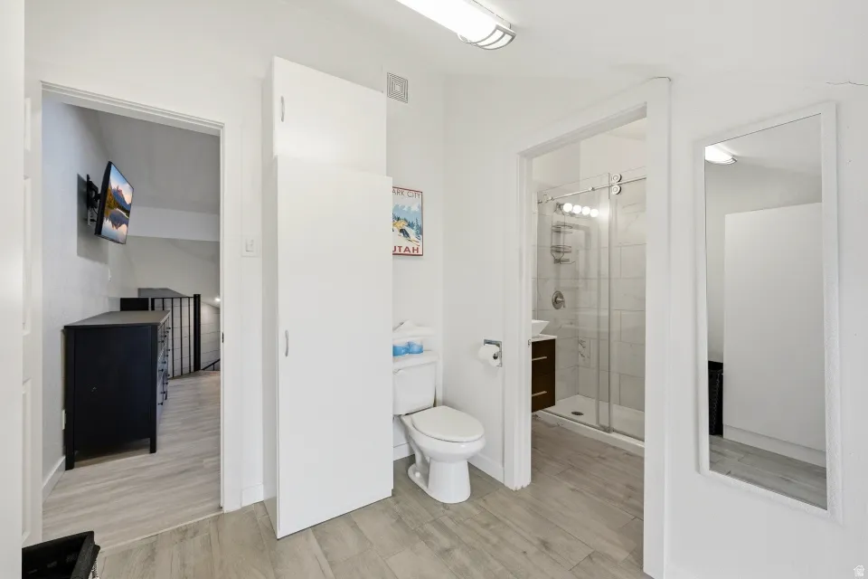 Bathroom featuring a shower stall, light wood-style floors, and vanity
