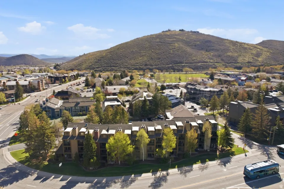 Aerial perspective of suburban area with mountains