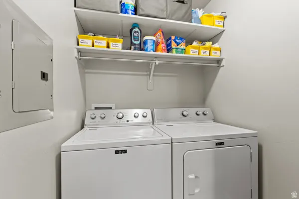 Laundry room featuring electric panel and washing machine and clothes dryer