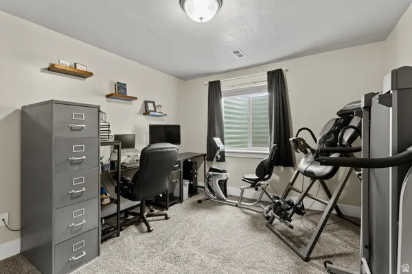 Office area featuring light carpet