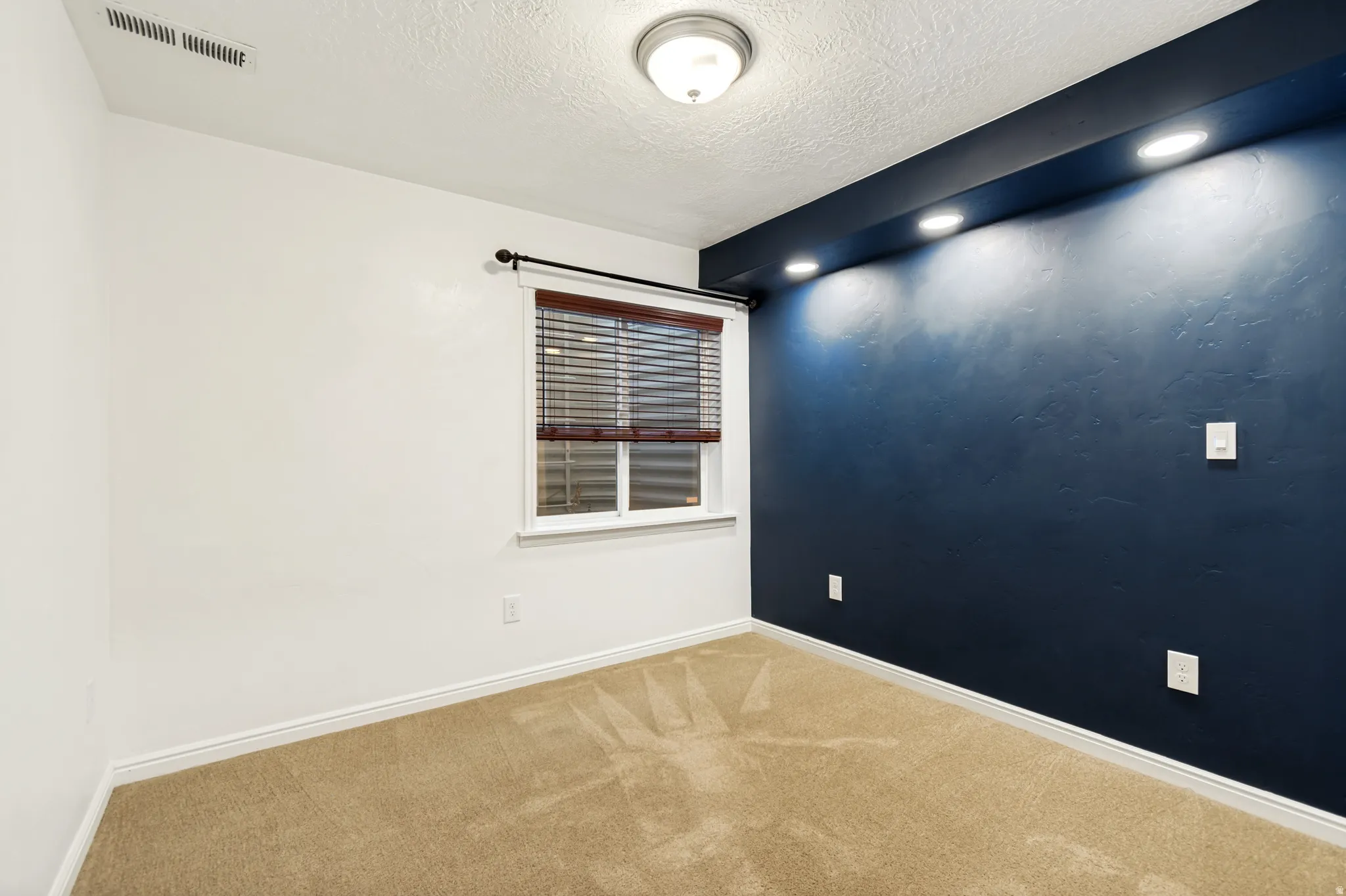 Unfurnished room featuring light colored carpet and a textured ceiling