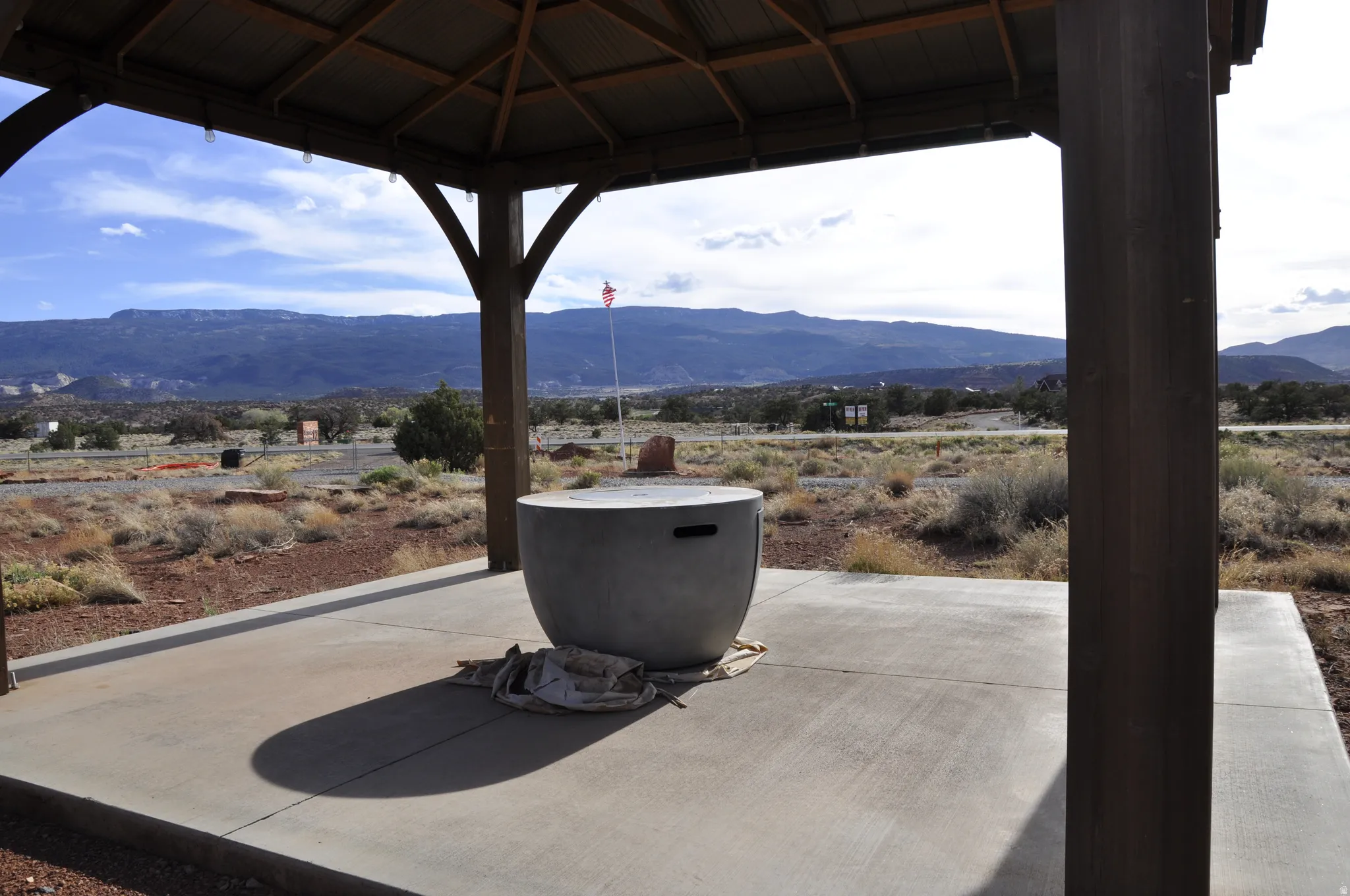 View of patio featuring a mountain view