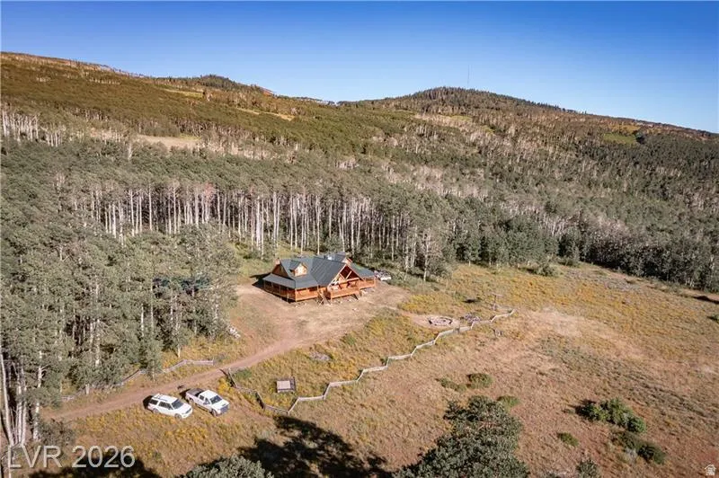 View from above of property featuring a forest and mountains
