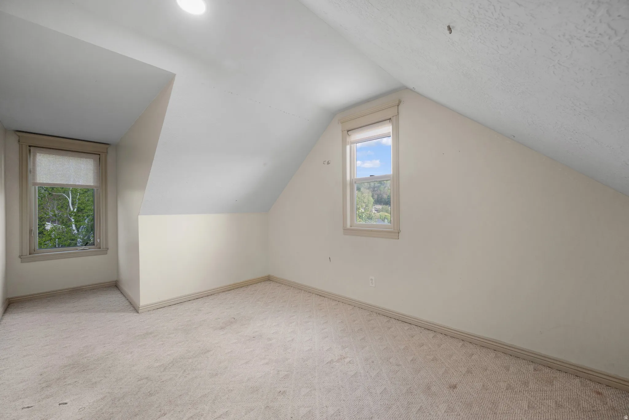 Bonus room with light colored carpet and baseboards