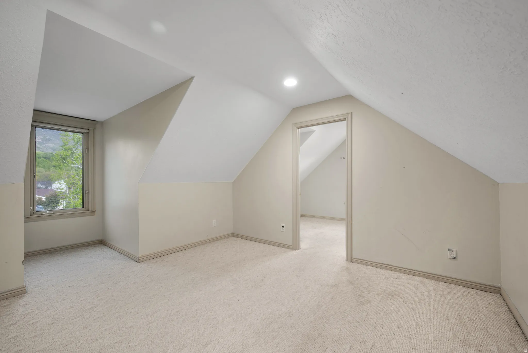 Bonus room with light carpet and vaulted ceiling