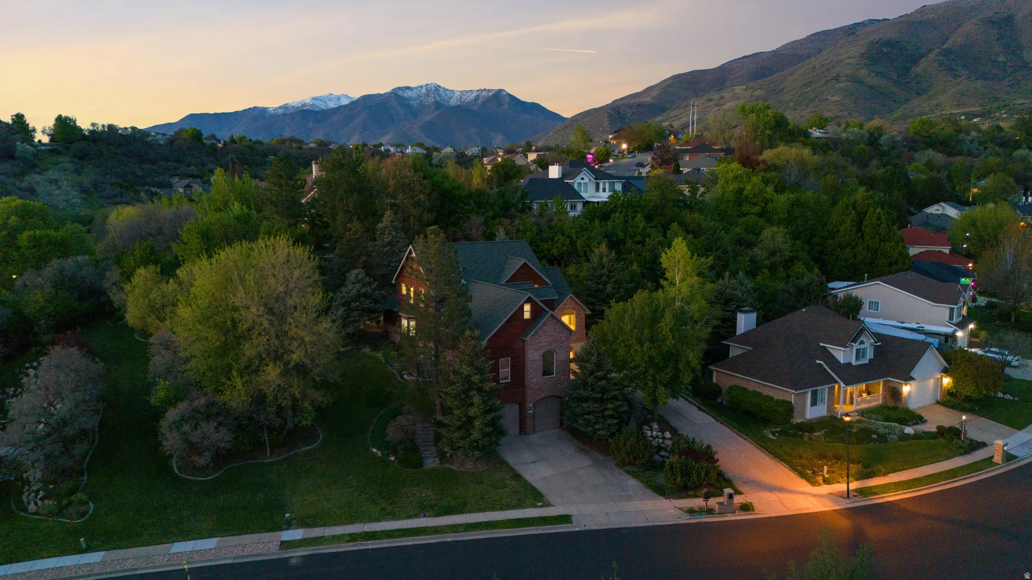Aerial view at dusk of a mountain view