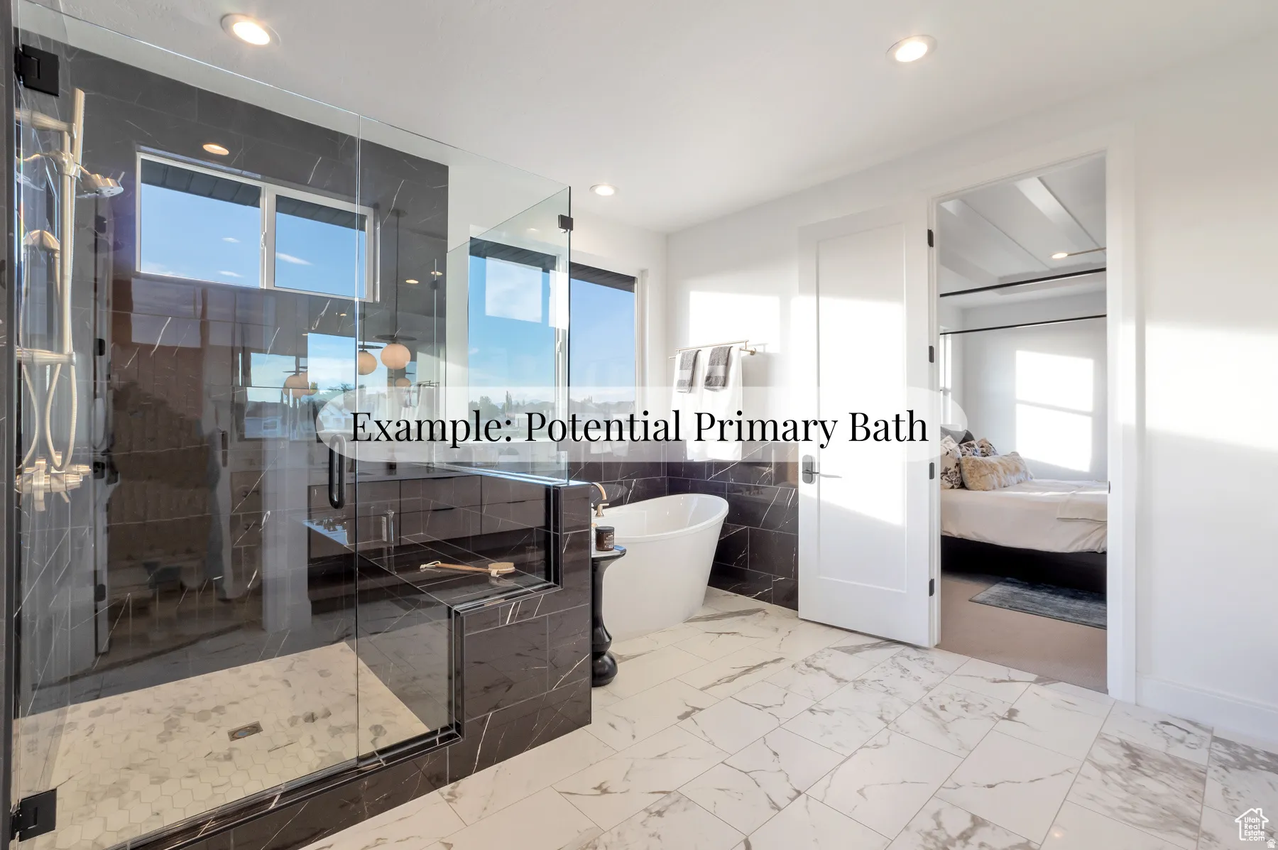 Ensuite bathroom with tile walls, a marble finish shower, a freestanding tub, light marble finish flooring, and recessed lighting