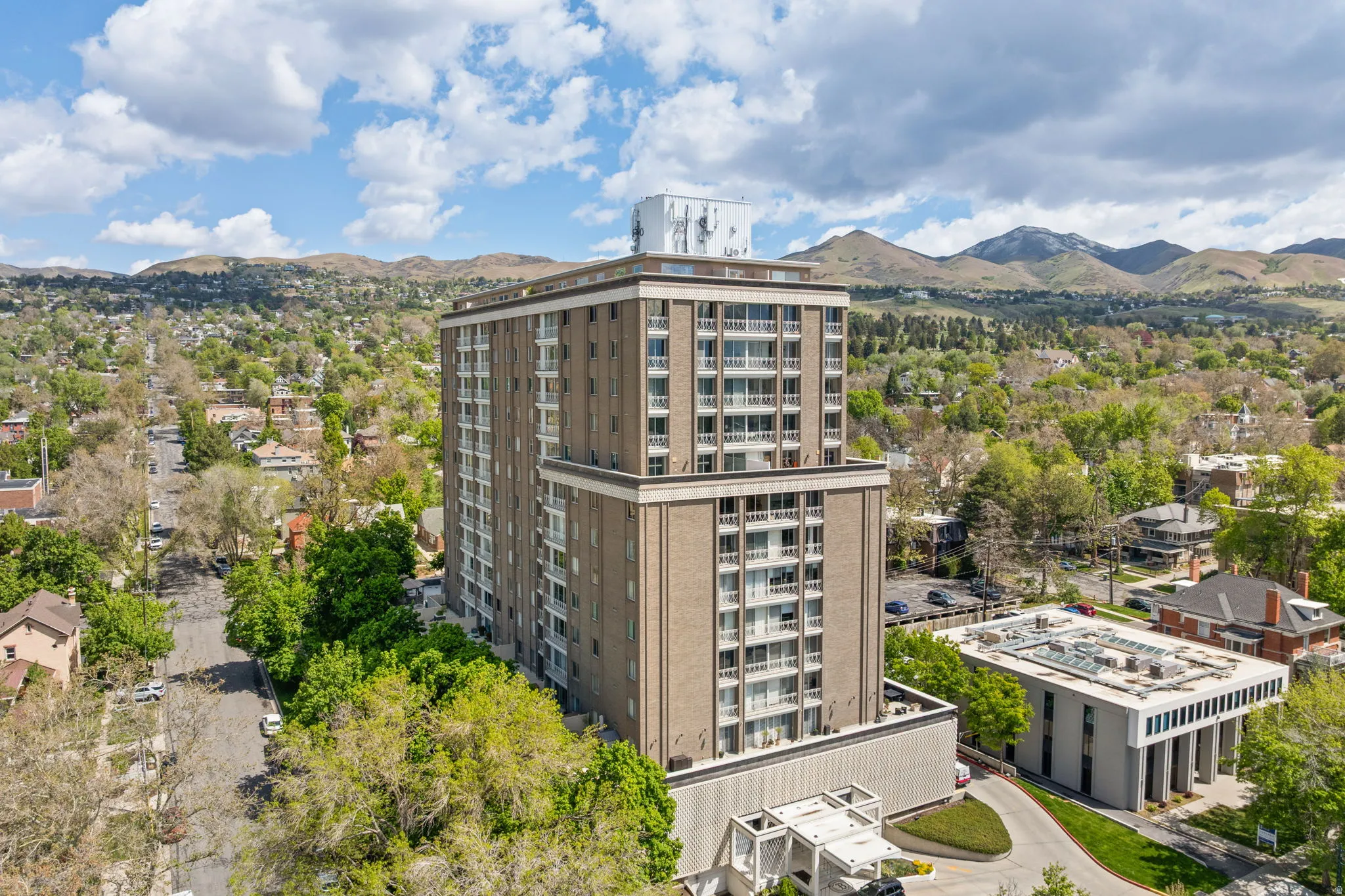 Drone / aerial view of a mountain backdrop