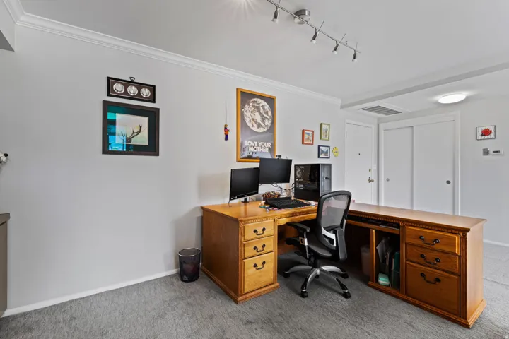 Office space with ornamental molding, light colored carpet, and track lighting