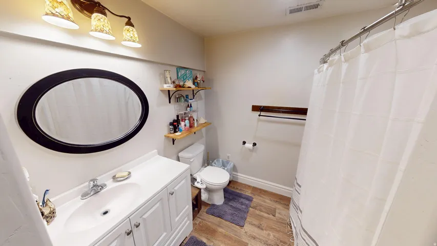 Bathroom featuring vanity, light wood-style floors, and a shower with shower curtain