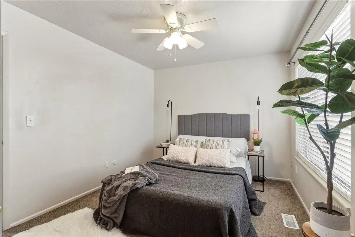Bedroom featuring multiple windows, carpet floors, and a ceiling fan