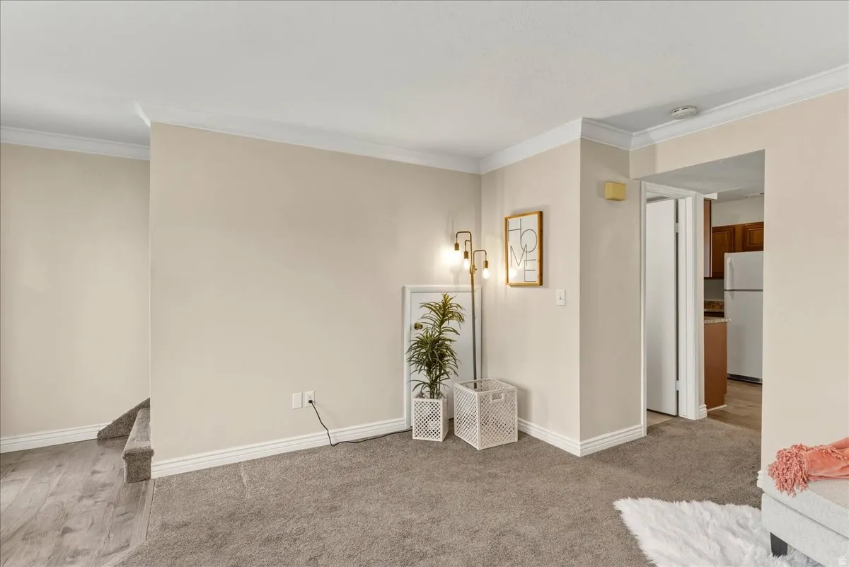 Unfurnished room with ornamental molding and light carpet