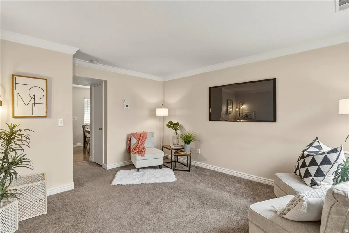 Sitting room featuring carpet and crown molding