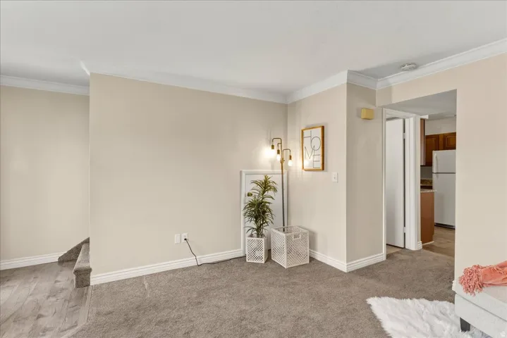 Unfurnished room with ornamental molding and light carpet