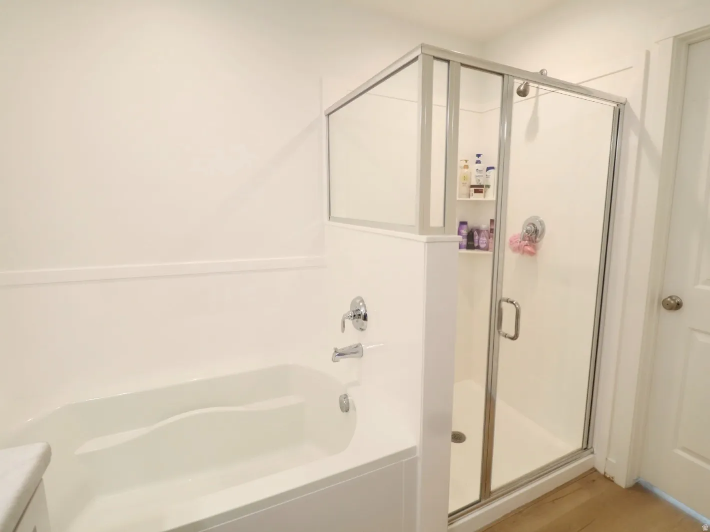 Bathroom with a garden tub, a stall shower, vanity, and light wood-style flooring