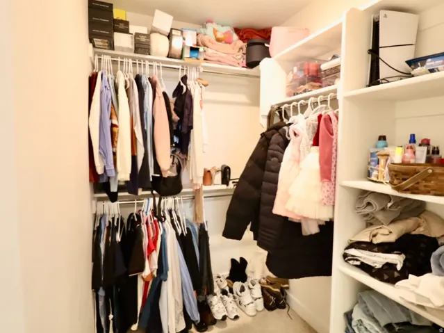Walk in closet featuring light carpet