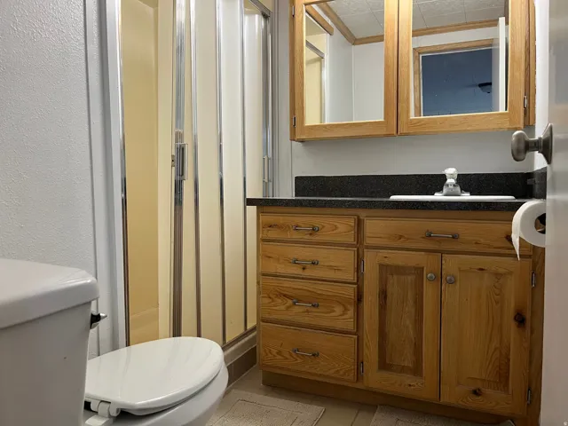 Bathroom featuring a vanity with a dark countertop, an integrated sink, and wood-finish cabinetry