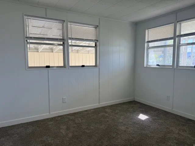 Empty room with wooden walls and dark colored carpet