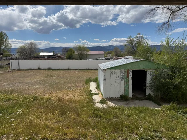 View of shed featuring a mountain view