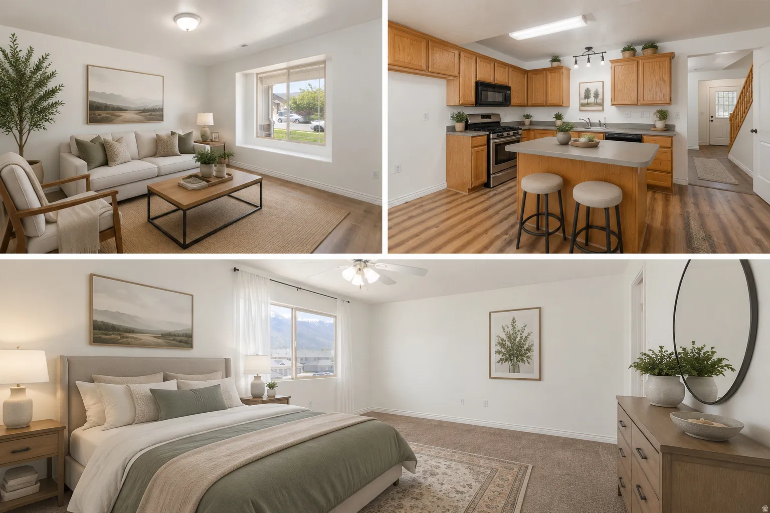 Virtual staging showing potential layout for kitchen, living room, and main upstairs bedroom.