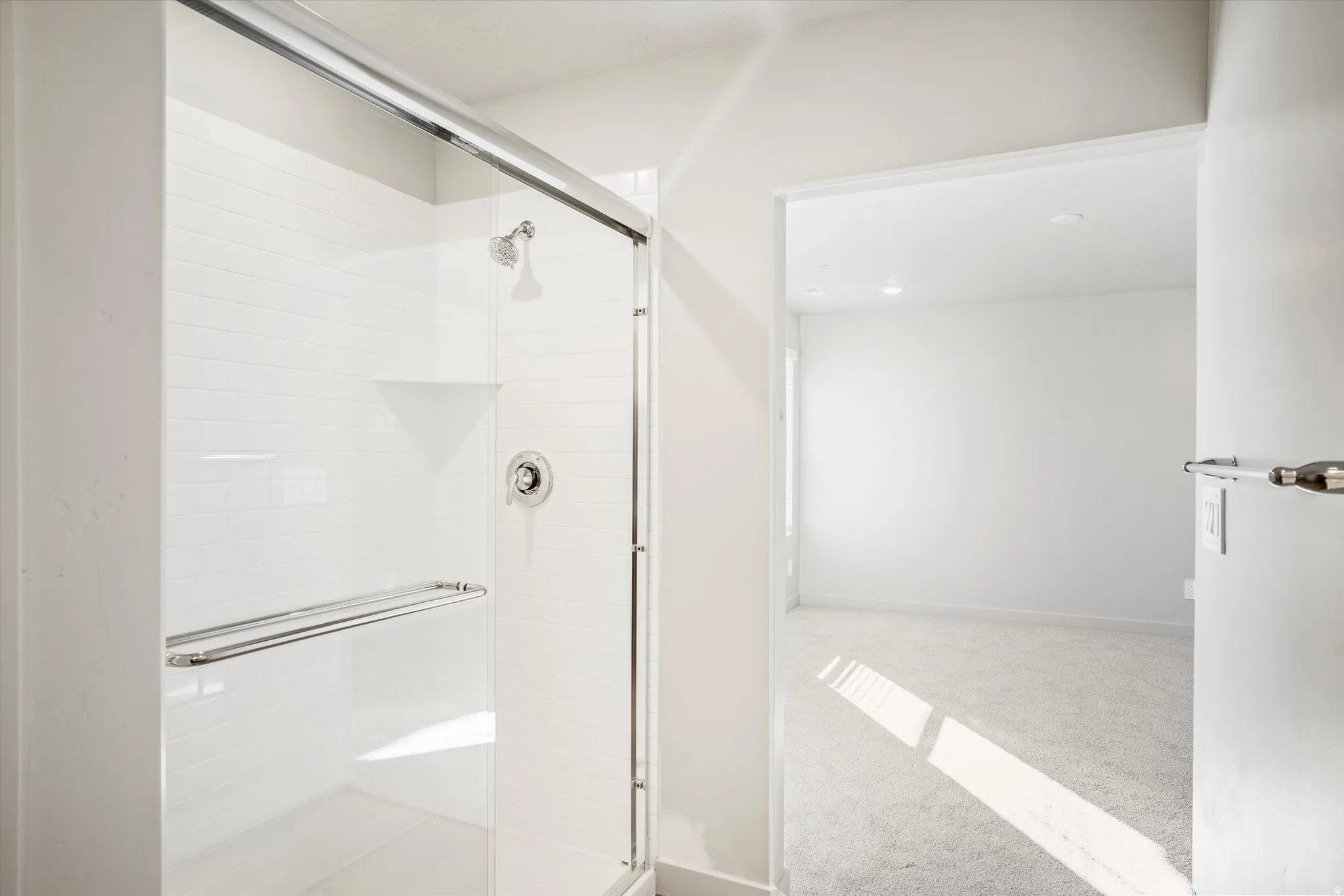**DISCLAIMER** Interior package & color may vary. Full bathroom featuring light carpet and a stall shower