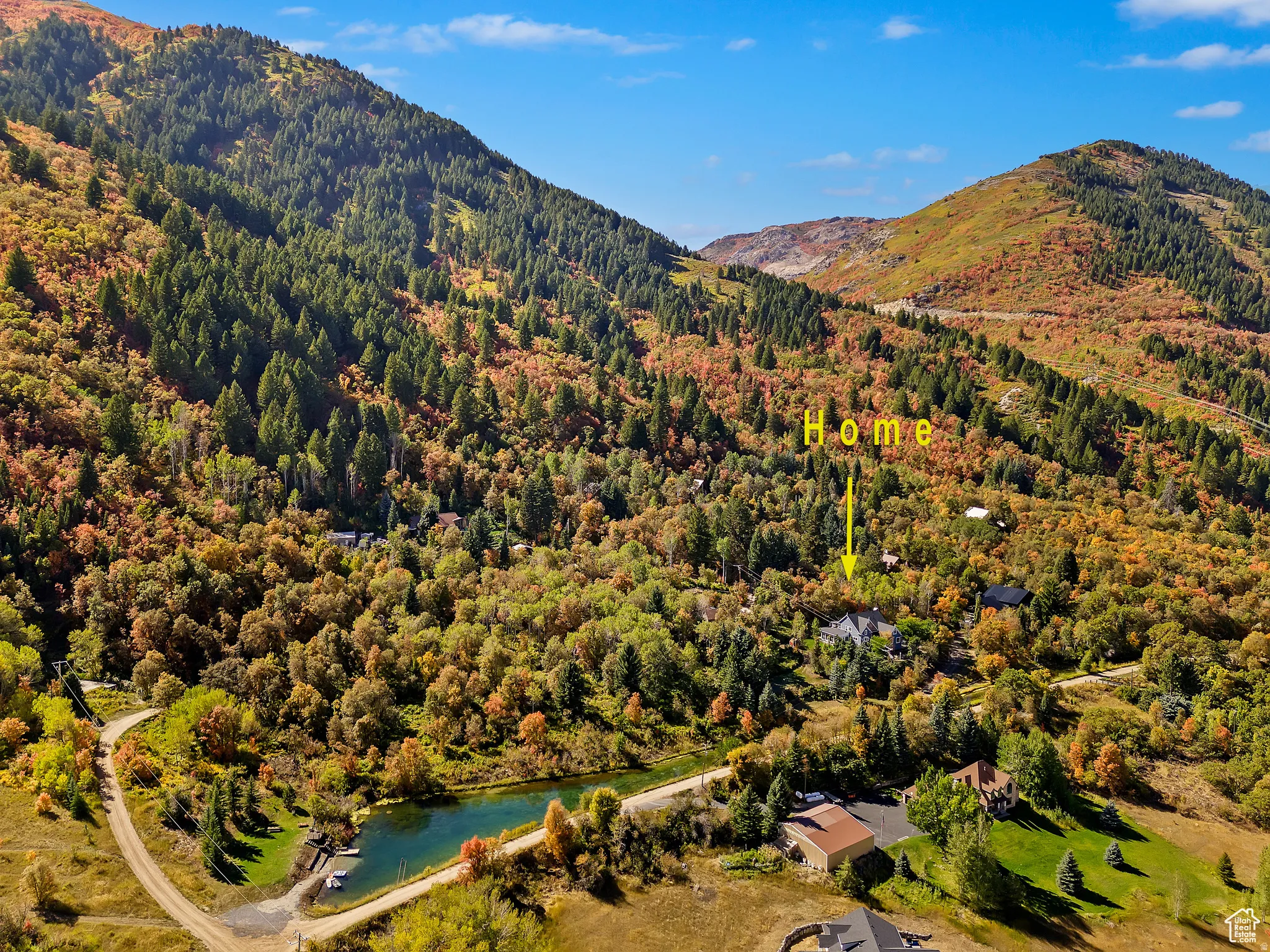 Expansive mountainous terrain with varied foliage, featuring a property nestled among numerous trees