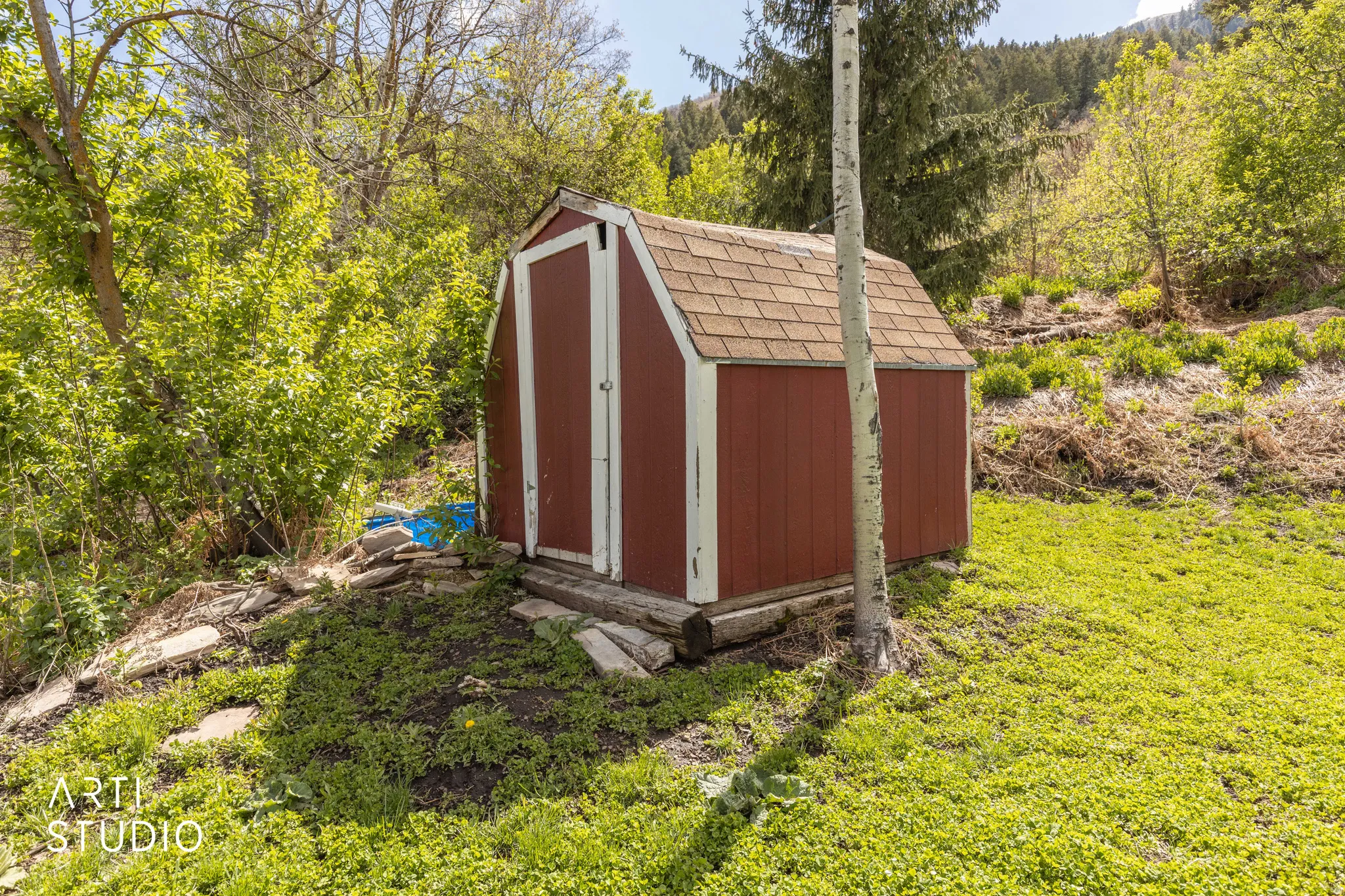 View of shed with a forest view