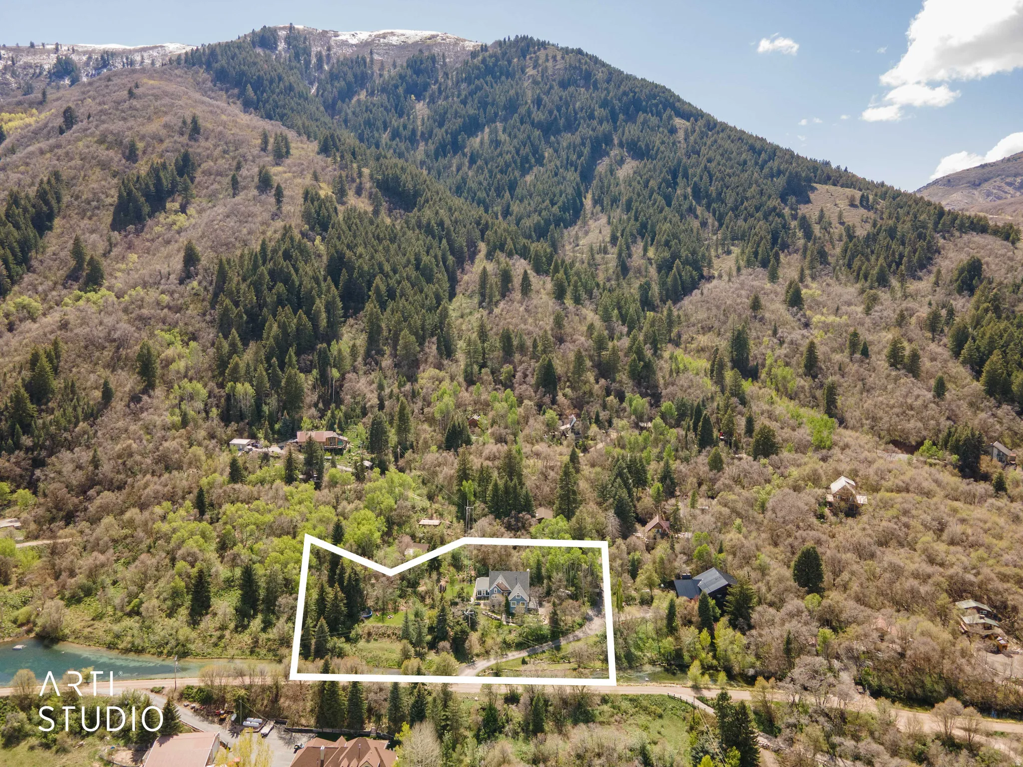 View of mountain backdrop featuring a heavily wooded area