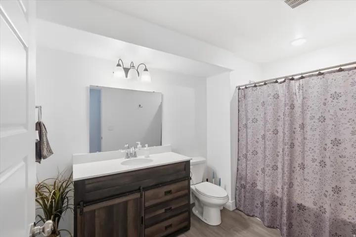 Bathroom 3with vanity, light wood-type flooring, and a shower with shower curtain