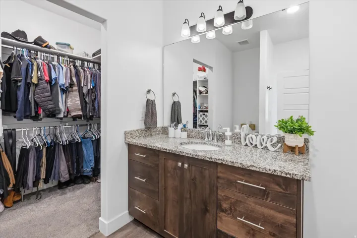 Primary Bathroom featuring a walk in closet and vanity