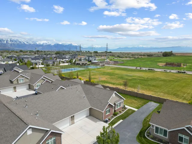Aerial view of residential area with mountains