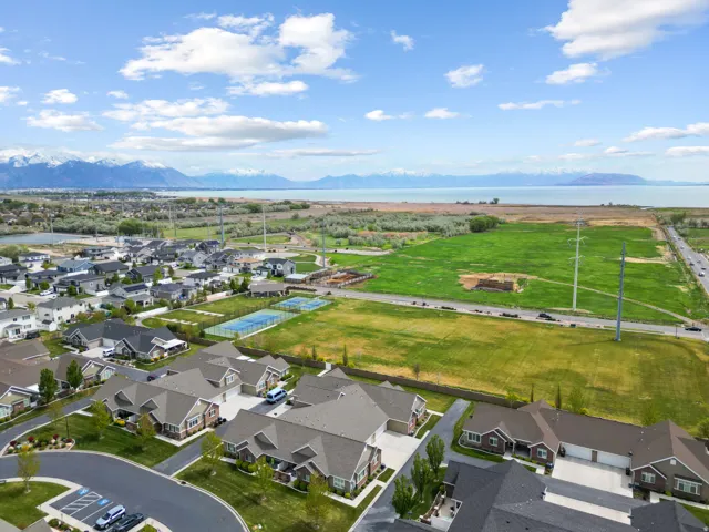Aerial perspective of suburban area featuring mountains