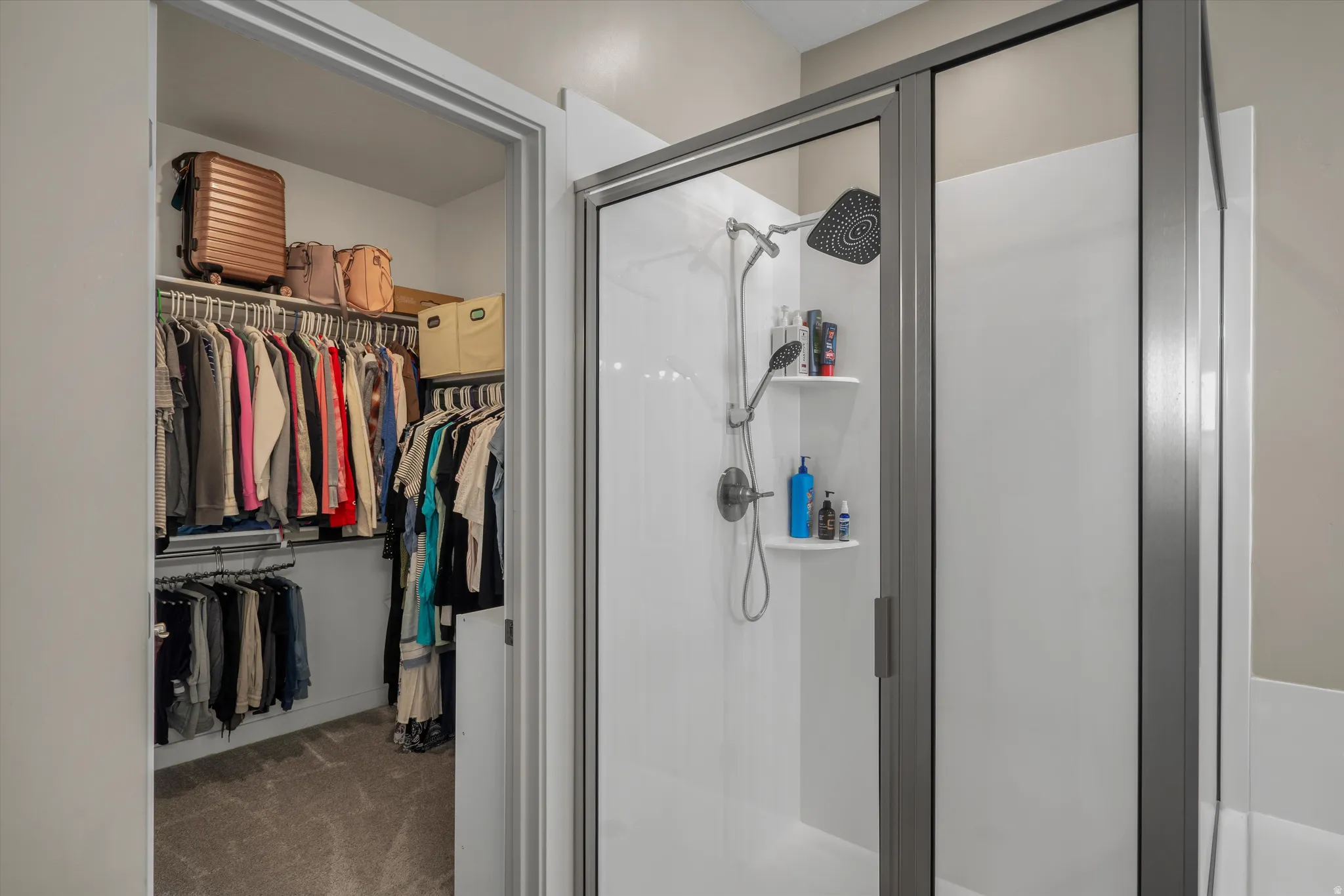 Bathroom with carpet floors, a shower stall, and a spacious closet