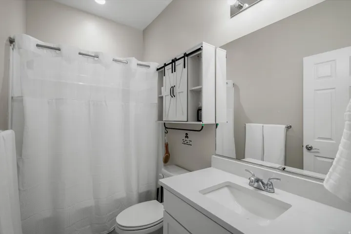 Bathroom with vanity and a shower with shower curtain