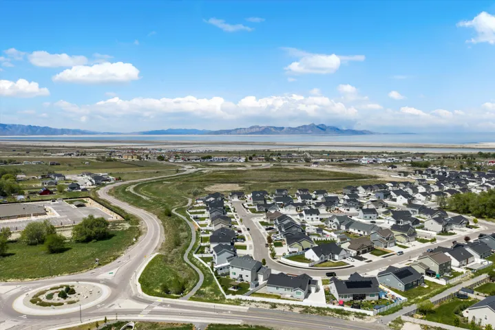 Aerial view of residential area with mountains