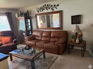 Living area with light colored carpet