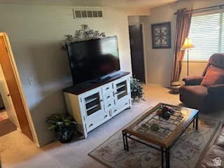 Living room with light carpet