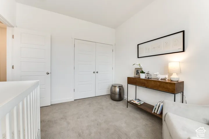 Light-colored carpeting, white walls, and white trim