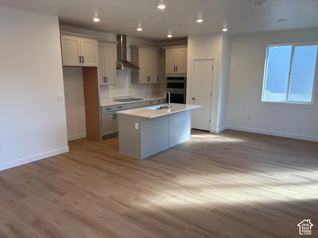 Kitchen featuring light-toned cabinetry, stainless steel appliances, a center island with sink, and wood-finish flooring