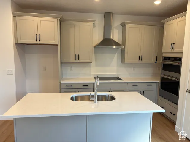 Kitchen island with an undermount sink, stainless steel appliances, light-toned cabinetry, and wood-finish flooring