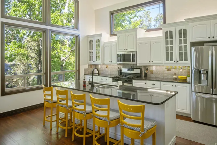 Kitchen featuring glass insert cabinets, stainless steel appliances, healthy amount of natural light, dark wood-style floors, and a high ceiling