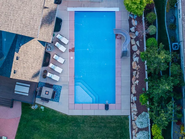 Drone / aerial view of a pool