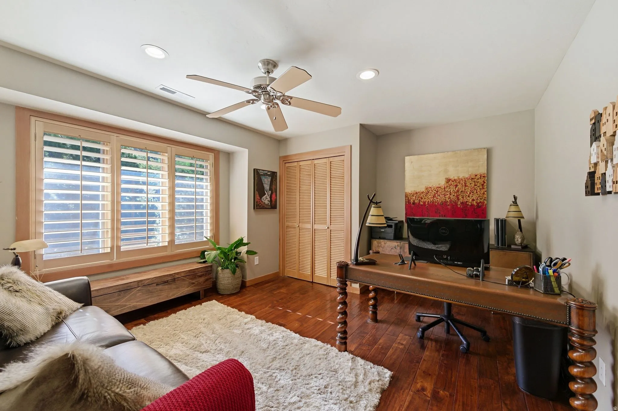 Home office with ceiling fan, dark wood-style floors, and recessed lighting