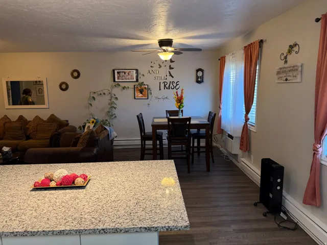 Dining space with a baseboard radiator, dark wood-style floors, ceiling fan, and a textured ceiling