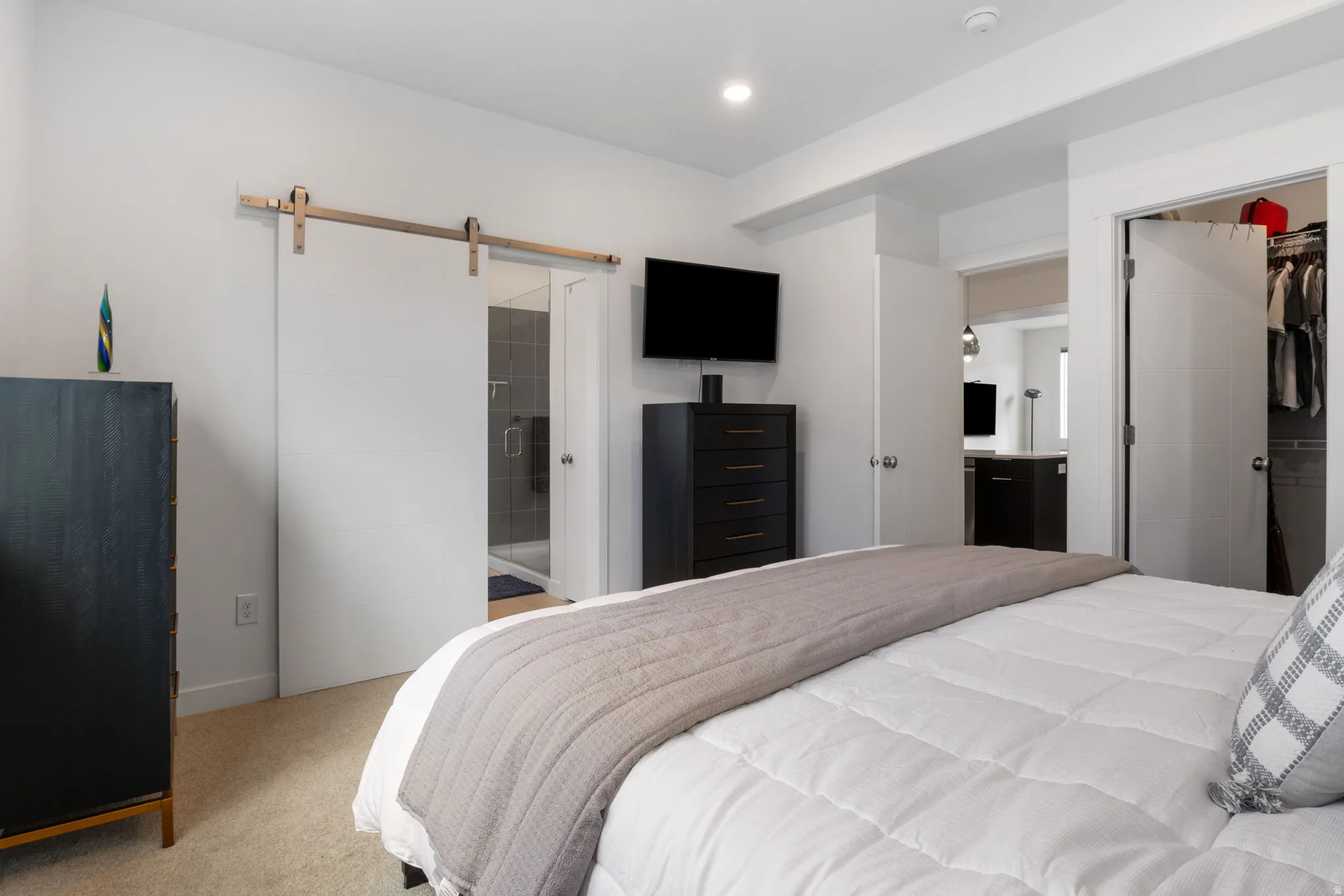 Carpeted bedroom featuring a barn door, a spacious closet, and connected bathroom