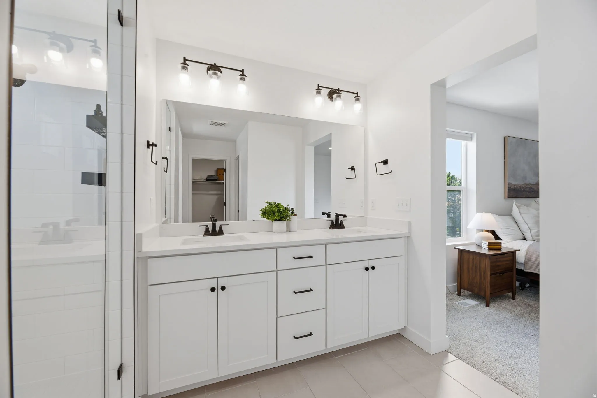 Primary Suite Bathroom! INCREDIBLE Custom Super Long Shower (2 Shower Doors) & Vanity w/Double Sinks
