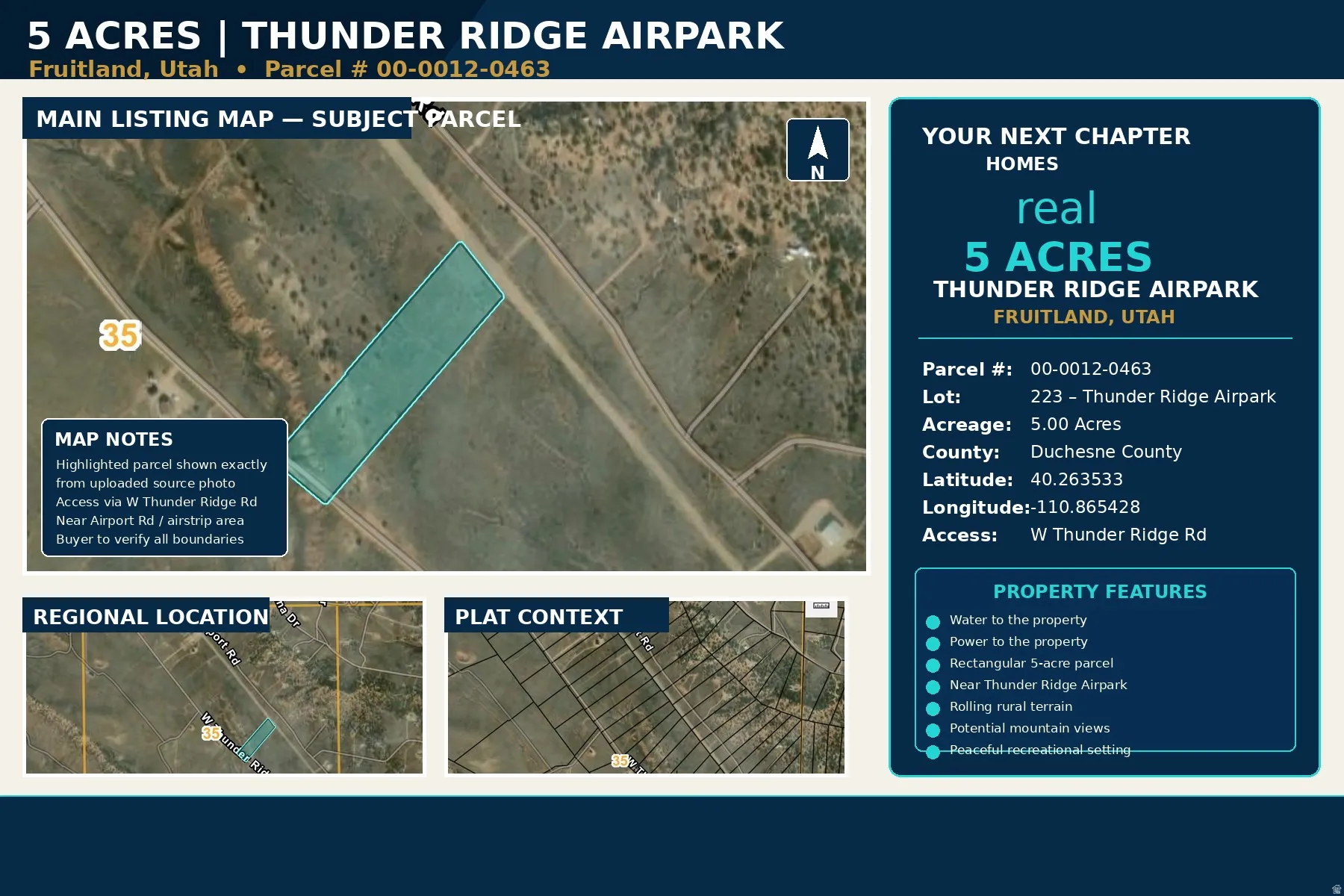 Property Listing. Displaying a map of the subject parcel along with property features and location details