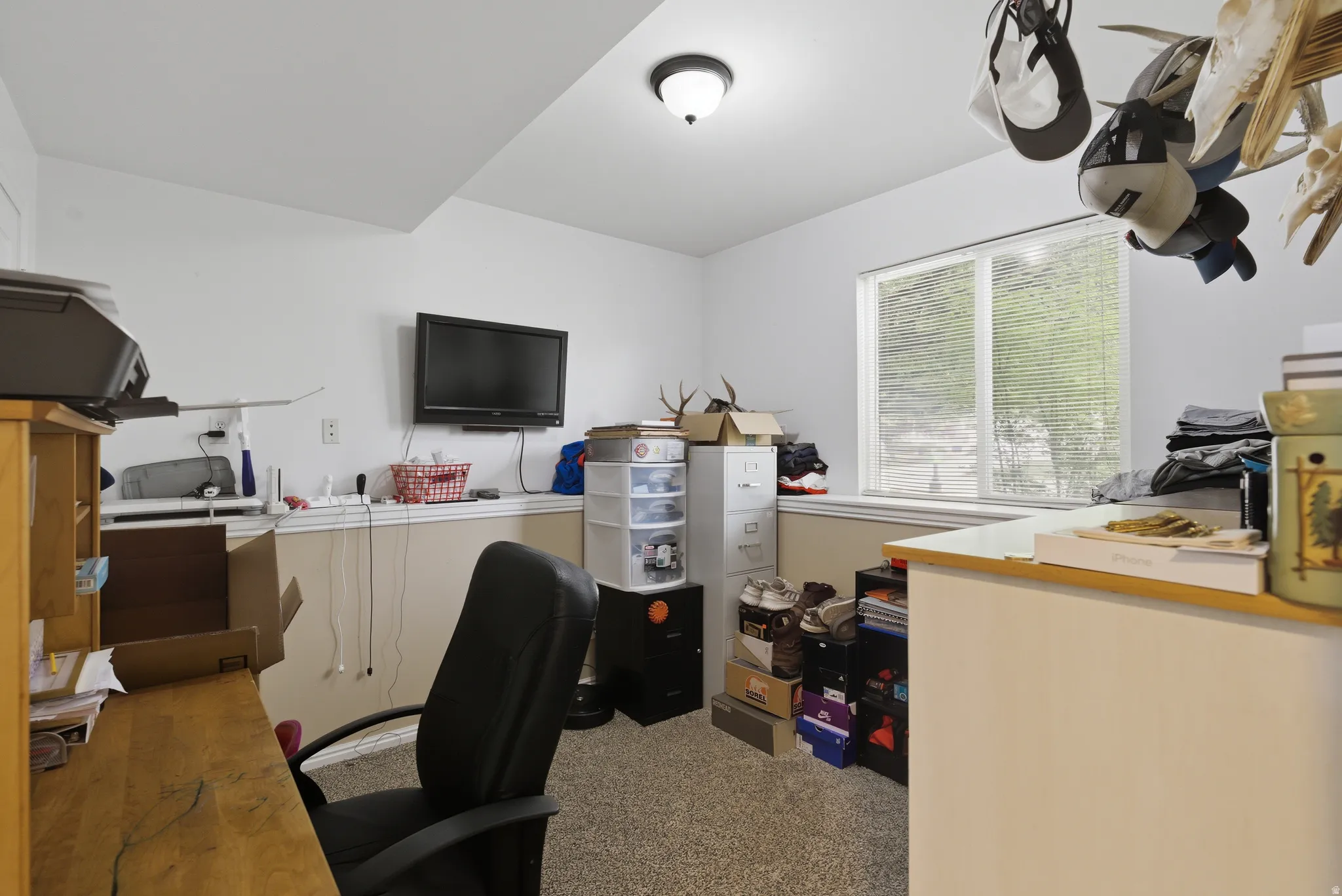 Office space featuring light carpet