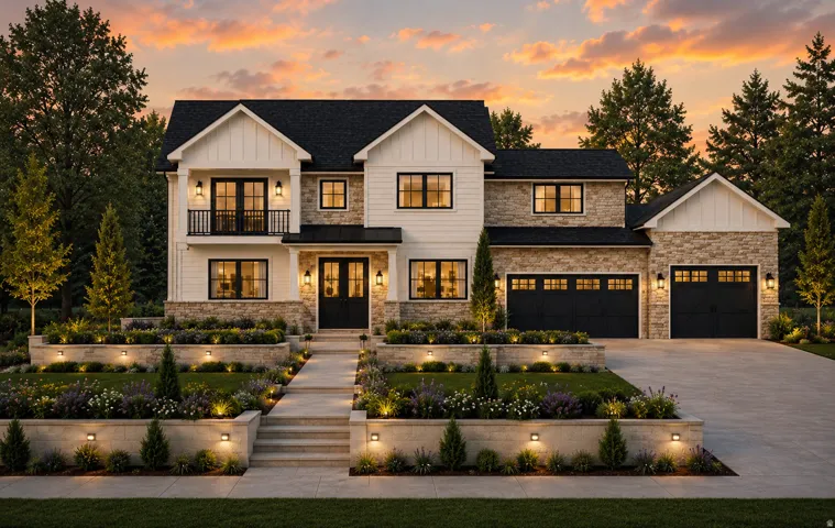 Modern Farmhouse exterior with board and batten siding and stone accents