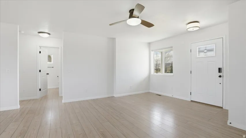 Entrance foyer featuring ceiling fan and light wood-type flooring